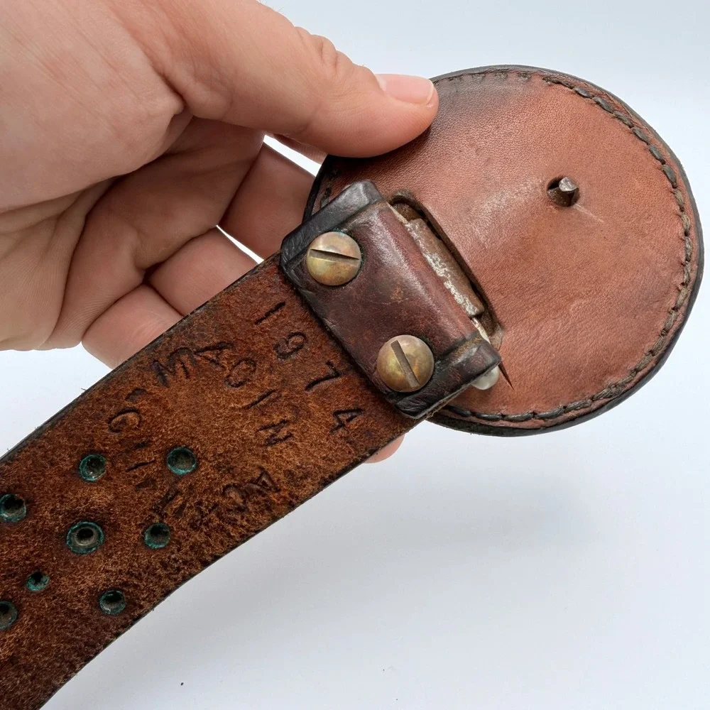 Vintage 1974 Handmade Studded Leather Belt Hand Painted Eagle Buckle Brown